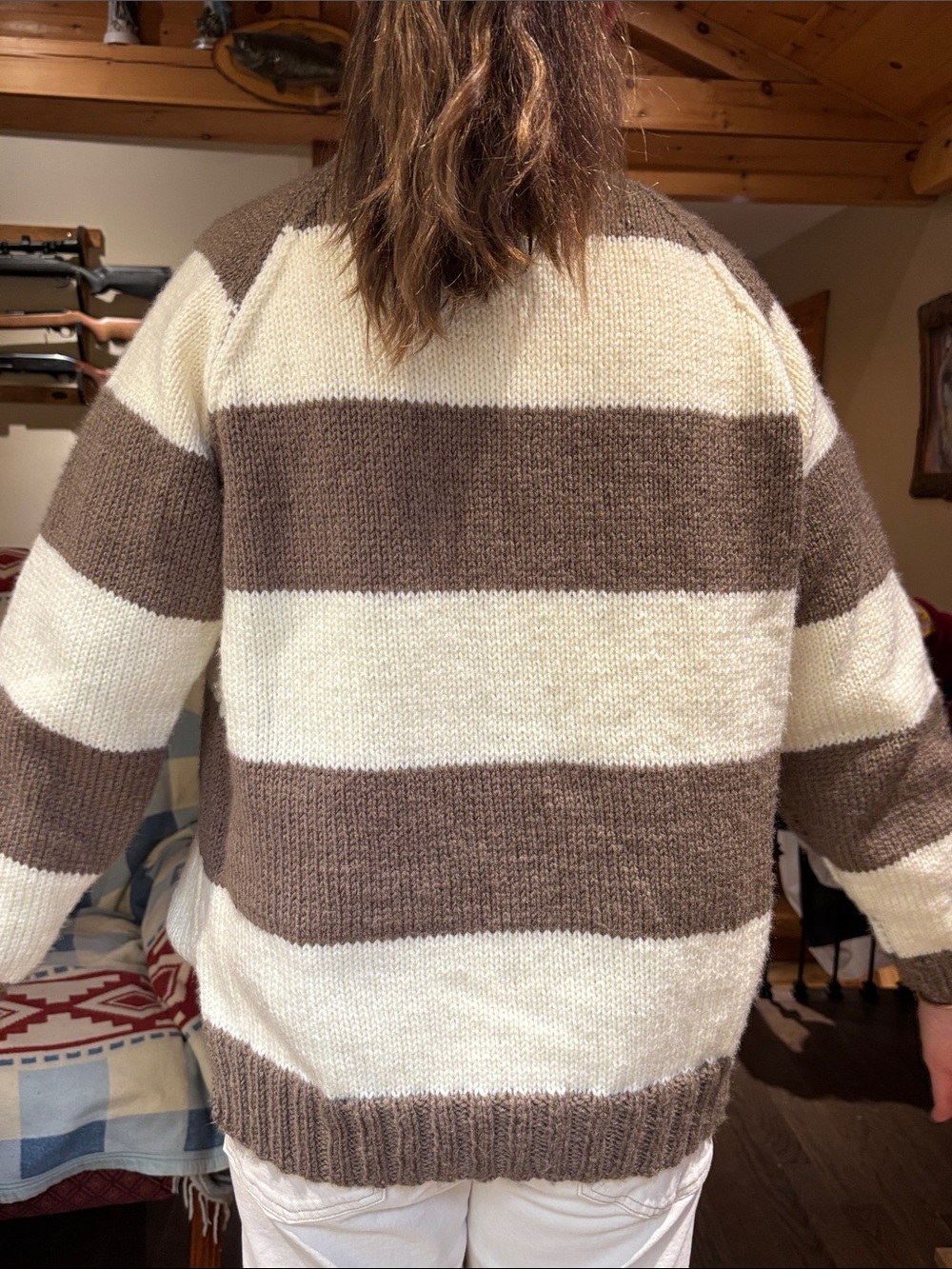 Hand Knit One of a Kind Cream Brown Striped Chunky Sweater Pullover